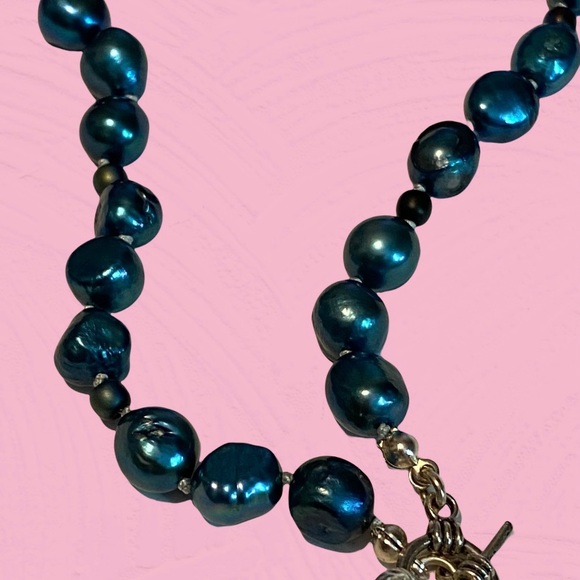 Hand Crafted Pearl Necklace Green Cultured Freshwater Black Silver Real Vintage - Picture 4 of 5